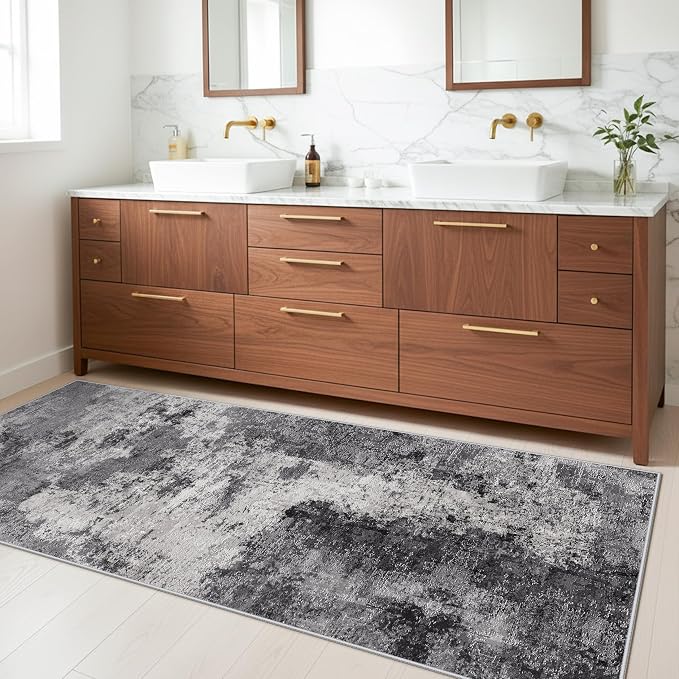 Abstract Kitchen Runner Rug 3x8: Washable Non Slip Carpet Runner for Hallway Bedroom Laundry - Low Pile Ultra Thin Modern Entryway Throw Carpet - Soft Boho Floor Mat for Home Decor (3X8 Black-Grey)