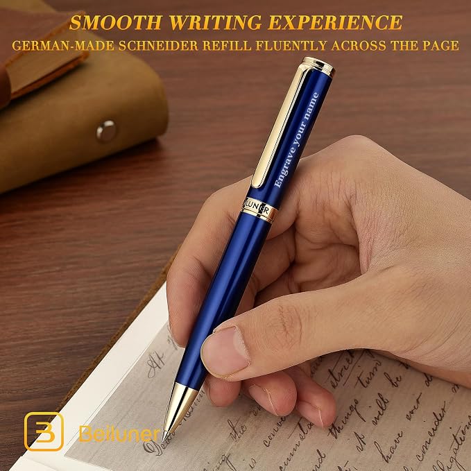 BEILUNER Luxury Personalized Gel Pen with 24K Gold Finish, Blue Piano Lacquer, Luxury Grade Craftsmanship, Best Pen Gift Set for Men and Women, Professional, Executive, Office, Retractable Nice Pens