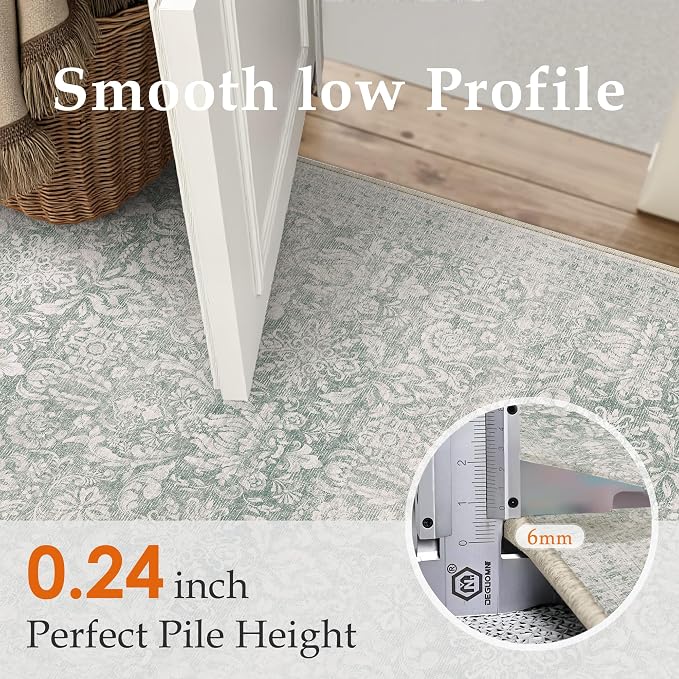 PureCozy Washable Area Rug 2x3, Small Non-Slip Green Entryway Door Mat Vintage Low Plie Thin Indoor Kitchen Bathroom Rug Retro Accent Throw Entrance Bedroom Office Carpet