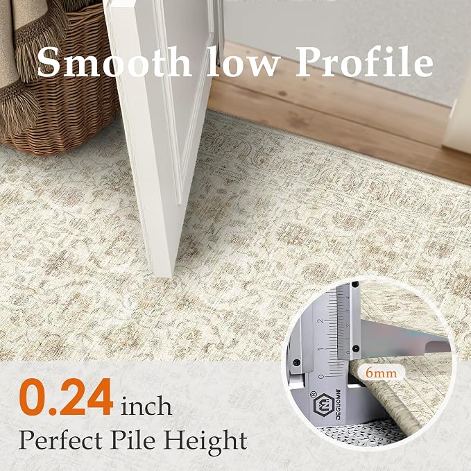 PureCozy 5x7 Area Rug Washable Beige Vintage Living Room Bedroom Distressed Non Slip Carpet Indoor Low Plie Thin Dining Room Office Retro Accent Throw Rug