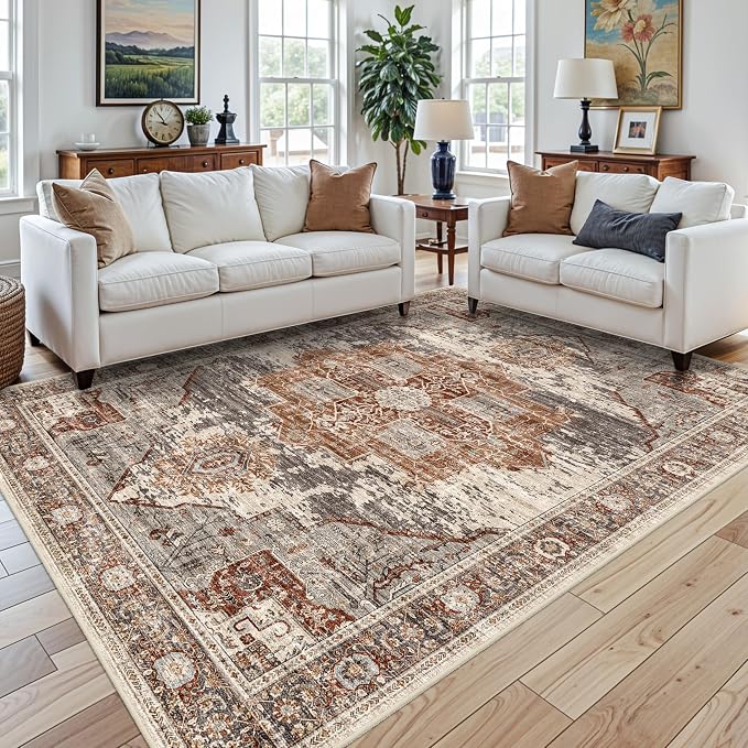Living Room 7x9 Area Rugs - Washable Area Rug with Non Slip Backing Low Pile Soft Carpet for Bedroom Vintage Rugs Indoor Ultra-Thin Carpets Home Decor Decoration Mat 7x9 Brick