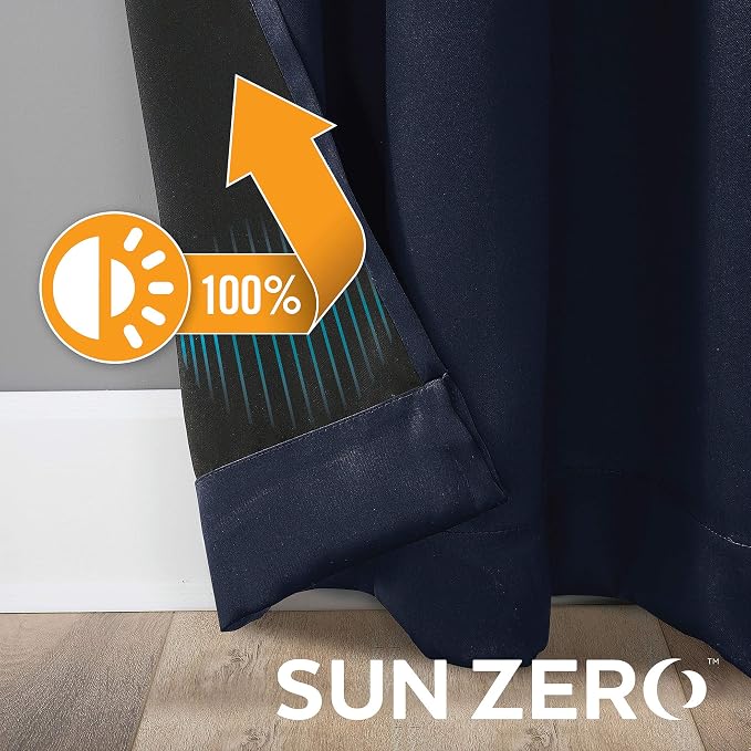 Sun Zero Nordic 2-pack Theater Grade Extreme 100% Blackout Grommet Curtain Panel Pair, 52" x 63", Navy Blue