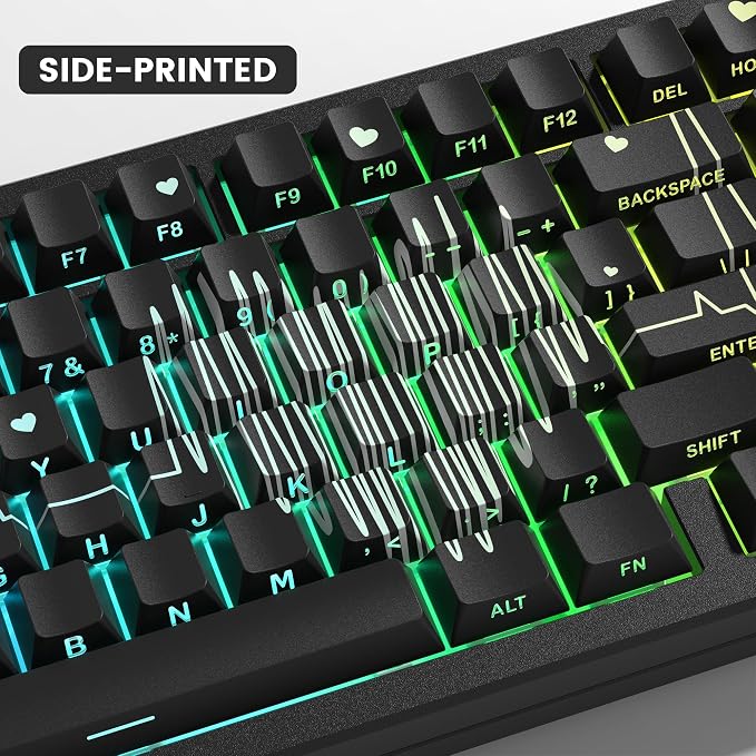 Cherry Profile Custom Keycaps, Heart Design PBT Keycap Set with Dye Sublimation, Side Printed Key Caps Suitable for Cherry Gateron MX Switches Mechanical Keyboard & 130 pcs - Black