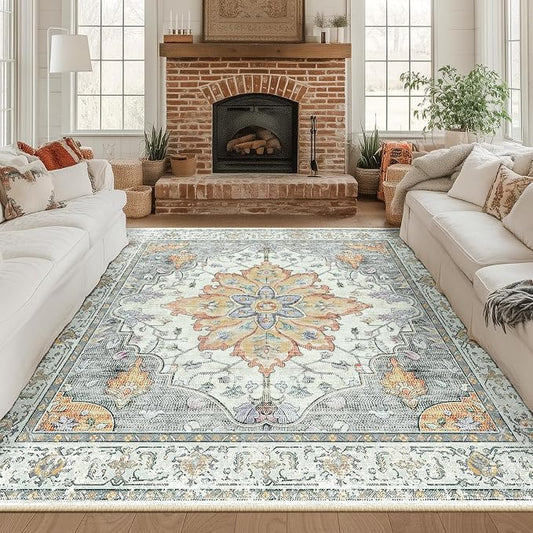 RELEANY Area Rugs Square 8ft Washable Non-Slip, Floral Vintage Distress Medallion Carpet for Living Room Bedroom Dining Room, Beige Carbon Grey Orange