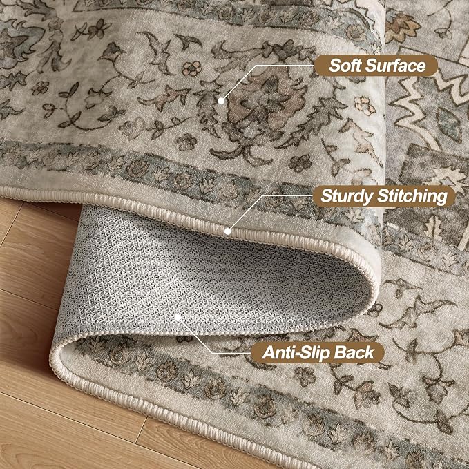 Tangsoo 2x6 Washable Runner Rug for Hallways, Non Slip Vintage Runner, Farmhous Soft Low Pile Long Rug Runner, Print Distressed Grey Carpet Runners for Kitchen Bedroom Entryway Bathroom Living Room