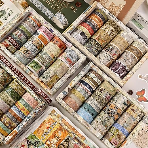 Vintage Washi Tape Set - 24 Rolls Arts Adhesive Tapes Assorted Retro Decorative Masking Tape Sets for Craft, Kids, Scrapbook, DIY, Gift Wrapping (2-Vintage Journey)