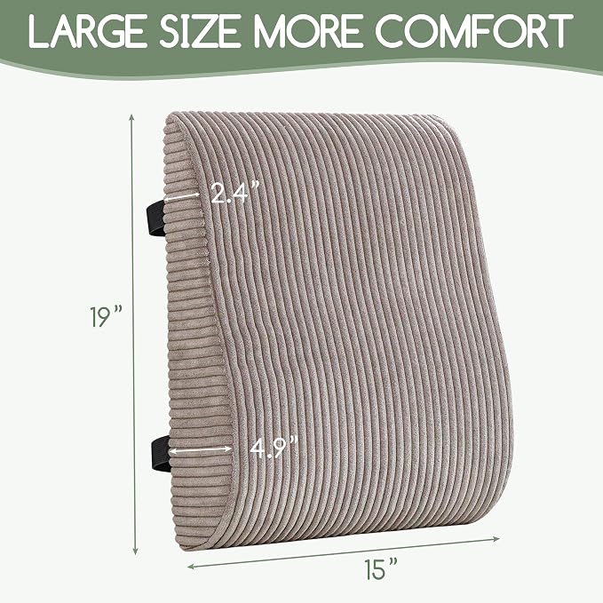 Ergonomic Lumbar Support Pillow for Lower Back Pain Relief, Corduroy Cover Back Support Cushion with Adjustable Straps, Large Size Lumbar Pillow for Office, Gaming & Home Essentials, Large, Grey