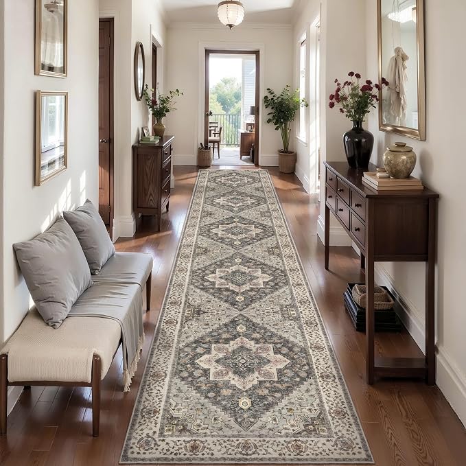 Tangsoo 2.6x14 Hallway Runner Rug Farmhouse Washable Runner Rugs Non Slip Vintage Soft Low Pile Long Rug Runner, Print Distressed Carpet Runners for Kitchen Bedroom Entryway Bathroom Living Room