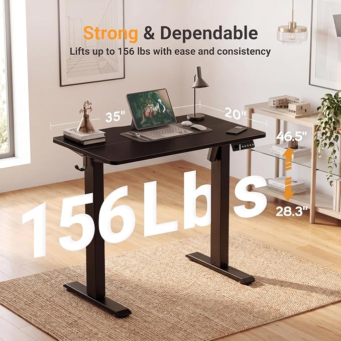 Claiks Electric Small Standing Desk, 35x20 Inch, Black | Adjustable height for sit-stand, 156lbs capacity, scratch-resistant surface, 3 memory presets, cable management & hook.