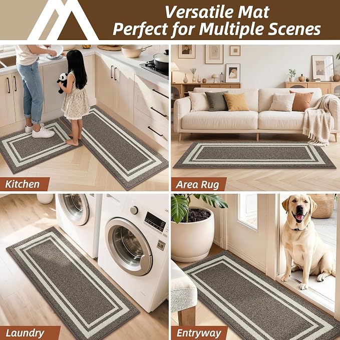 COSY HOMEER Kitchen Rugs Non-Slip 20x30/20x48 Inch Thick Polypropylene Standing Mat for Home Machine Washable, Brown Frame
