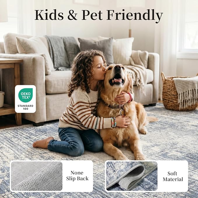 7x10 Washable Area Rug: Large Soft Indoor Neutral Living Room Rug Non Slip Low Pile Carpet Soft Stain Resistant Floor Rug for Bedroom Dining Room Home Office Indoor Home Decor (Blue Gray,7x10)