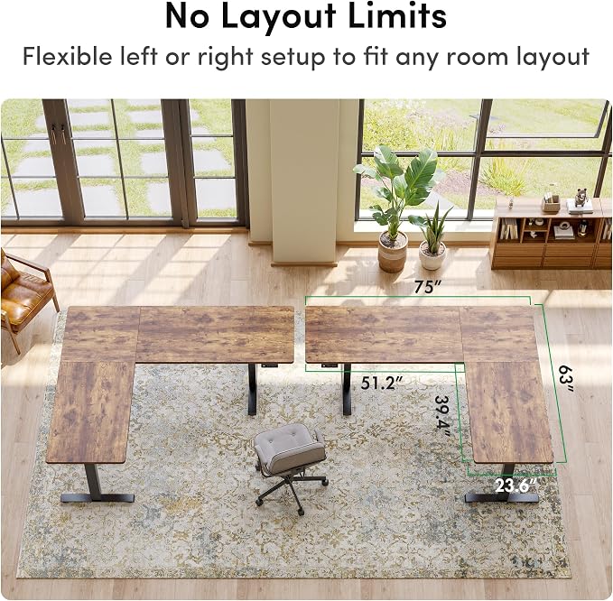 FEZIBO 75" x 63" L-Shaped Standing Desk - Adjustable Corner Desk L Shape, L-Shaped Adjustable Desk with Splice Board, L Shape Standing Desk, Rustic-Brown