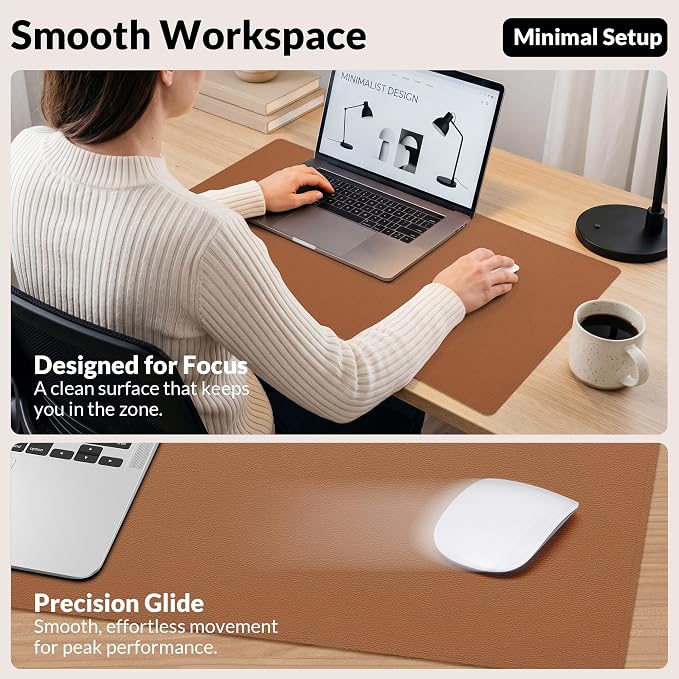 AFIING Leather Desk Mat, Brown, 31.5" x 17", Cork Desk Pad Protector | Dual-Sided Cork & PU Leather Desk Pad, Waterproof, Non-Slip for Mouse, Writing, Office, Home & Study
