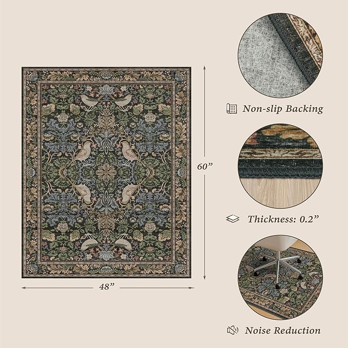 Washable 4x5 Boho Office Chair Mat for Hard Wood Floors, Green Floor Protector for Computer Chair, Rustic Botanical 48"x60" Low Pile Under Desk Rug, Easy to Clean, Non-Slip Stain & Fade Resistant