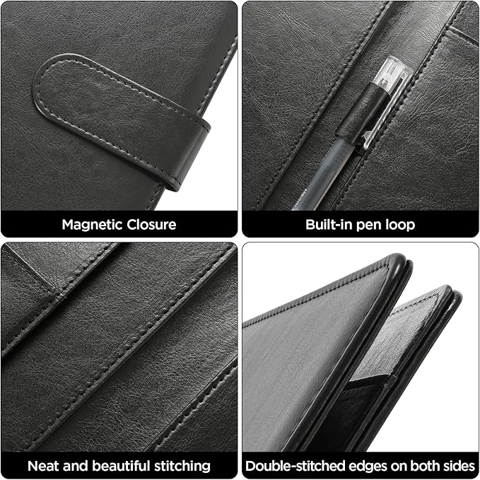 Padfolio Portfolio Folder,Faux Leather Legal Pad Holder,Interview Resume Folder with Document Organizer & Business Card Holder,Letter-Sized Notepad Holder (Black)