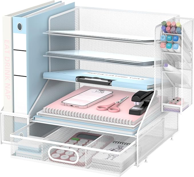 Desk Organizer with 5 Tier File Holder and Sliding Drawer Pen Holder White | Paper Letter Tray with 3 Tilted File Sorters to Keep Desk Accessories and Office Supplies within Reach