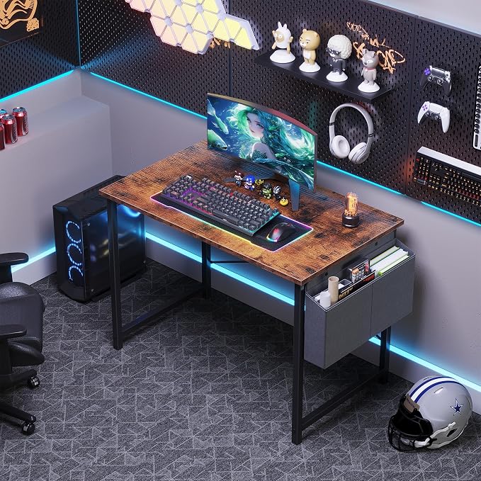 OLIXIS Small Computer Desk, 40 Inch Home Office Desks, Gaming Writing Study Craft Work Table, Modern Computer Workstation for Bedroom Small Spaces with Storage Bag, Rustic Brown