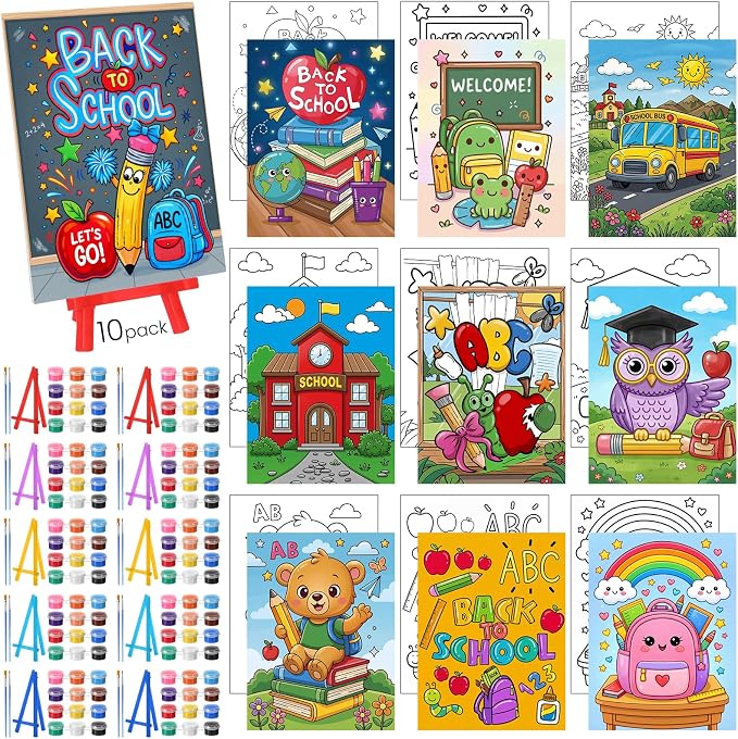 Blosssound 10 Set Back to School Pre Printed Canvas Pre Drawn Canvas Painting with Easel Kits 5" x 7" Outline Painting Panels for Beginners, DIY Craft Project, Party Favor, Home Decors