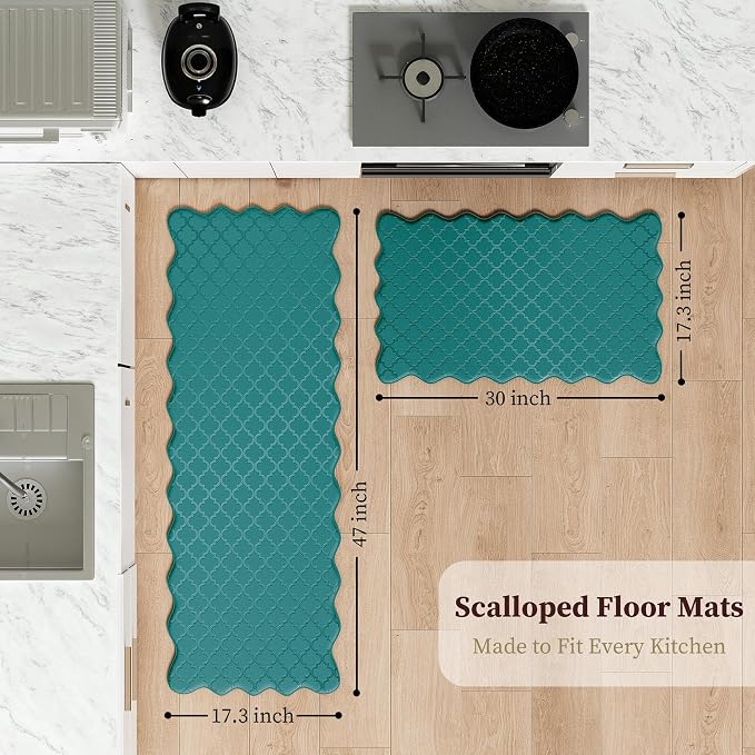 Arenarug Upgrade Scalloped Embossed Kitchen Mats for Floor 2PCS Cushioned Anti Fatigue Waterproof Foam Kitchen Rugs Non Slip Washable Comfort Standing Mat for Sink Laundry, Spruce Green
