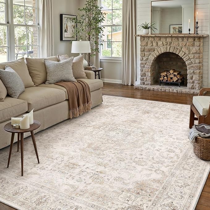 HUGEAR Area Rug 9x12 Vintage Beige Machine Washable Living Room Rugs Thin Neutral Floral Vacuumable Low Pile Carpet Bedroom Office Dining Room Laundry Room Non Slip Soft Lightweight