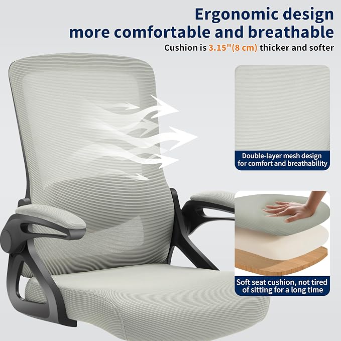 Ergonomic Office Chair, Desk Chair with Adjustable Lumbar Support, Breathable Mesh Comfy Computer Chairs with Flip-up Armrests Executive Task Chair for Adults Home Office (Dark Gray)