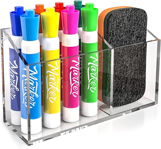 Acrylic Magnetic Marker Holder for Whiteboard Pen Organizer 2 Compartments Teacher Classroom Organization Magnetic Pencil Holder for Refrigerator Classroom Decor Office Modern White Board Accessories