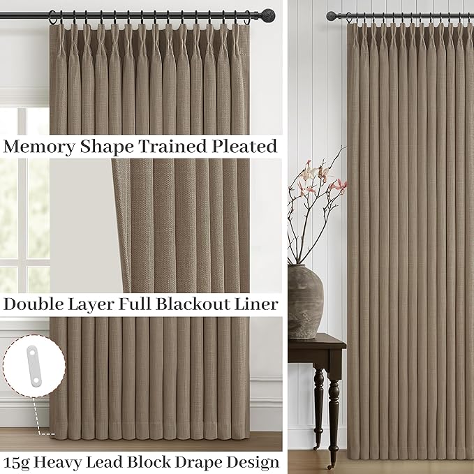 Extra Wide 70 Inch Natural Linen Blackout Bedroom Curtains 90 Inches Long 2 Panels Set, Memory Trained Pinch Pleated Thermal Curtain Room Darkening Soundproof Farmhouse Dual Layer Windows Drapes Burg