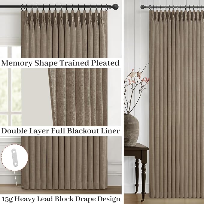 Memory Trained Pinch Pleated Dark Flax Blackout Office Curtains 105 Inches Long 2 Panels Set, Room Darkening Dual Layer Linen Blend Noise Blocking Insulated Elegant Windows Drapes 8-3/4 FT Length