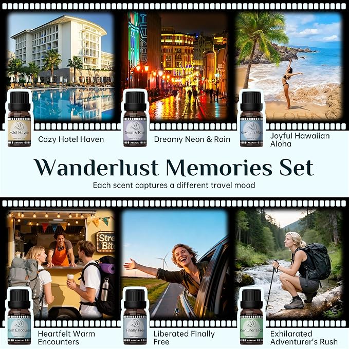 ASAKUKI Hotel Diffuser Oils Set, Hotel Scent Essential Oils for Diffuser, Travel-Inspired Luxury Fragrance Oil Blends,- Hotel Haven, Neon & Rain, Hawaiian Aloha, Warm Encounters, Finally Free