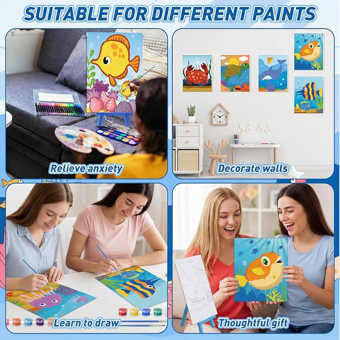 Blosssound 10 Set Pre Printed Canvas Pre Drawn Canvas Painting with Easel Kits 5" x 7" Outline Painting Panels for Beginners, DIY Craft Project, Home Decors(Ocean)