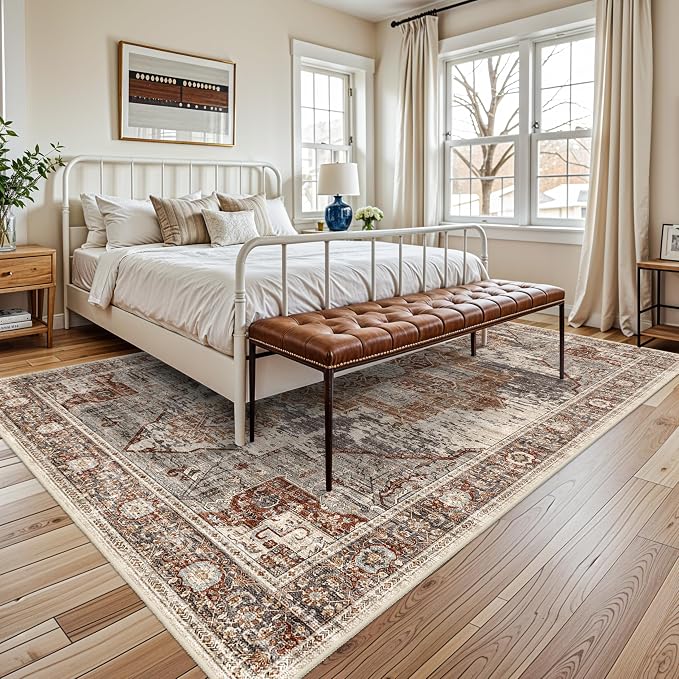 Living Room 7x9 Area Rugs - Washable Area Rug with Non Slip Backing Low Pile Soft Carpet for Bedroom Vintage Rugs Indoor Ultra-Thin Carpets Home Decor Decoration Mat 7x9 Brick