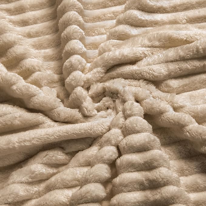 Vessia Flannel Fleece Twin Blanket for Couch,Sofa,Bed, 300GSM Striped 60x80inch Camel Blanket for Adults and Kids, Super Soft Warm Cozy Lightweight Ribbed Brown Throw for All-Season