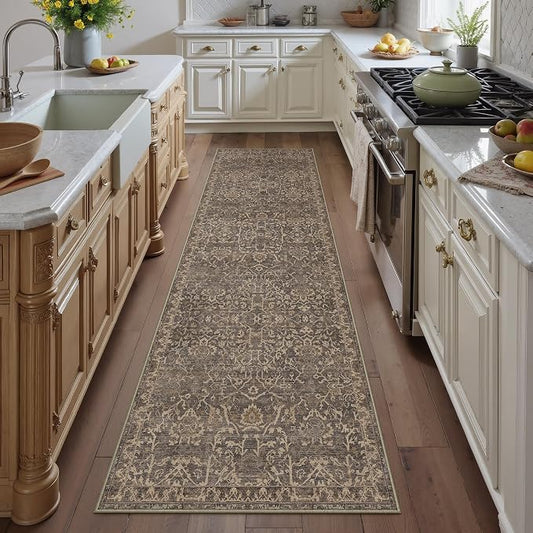 HUGEAR 2'6''x12 Runner Rug Machine Washable Retro Brown Hallway Area Rug Indoor Vintage Rug Floral Low Pile Carpet Soft Throw Rug Bedroom Living Room Office Dining Room Kitchen Laundry Room Non Slip