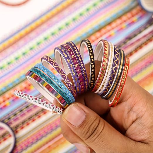 emmoolife 50 Rolls Skinny Washi Tape Set 3mm Wide, Gold Foil Print Masking Thin Basic Patterns Decorative Tapes for Scrapbooking, Junk Journal Supplies, Bullet Journaling, Craft Tape for Women Girl