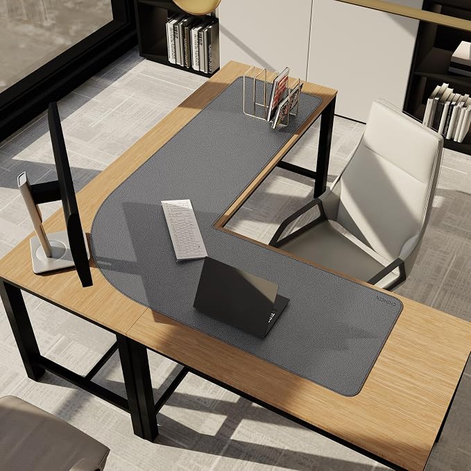 Chihein 53.2” x 65” x 19.7” L Shaped Leather Desk Mat - Big Gaming Corner Desk Pad, Non-Slip Waterproof Surface, Easy to Clean, Perfect for Office, Home (Gray/White)