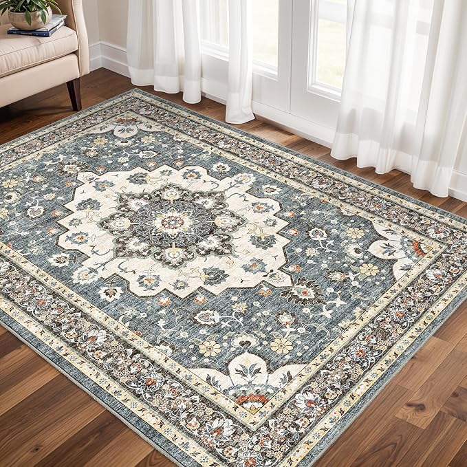 TOPRUUG Washable Oriental Area Rug - 3x5 Rugs for Living Room Soft Carpet for Bedroom Waterproof Floral Distressed Indoor Stain Resistant Non-Shedding Floor Carpets (Blue, 3X5)