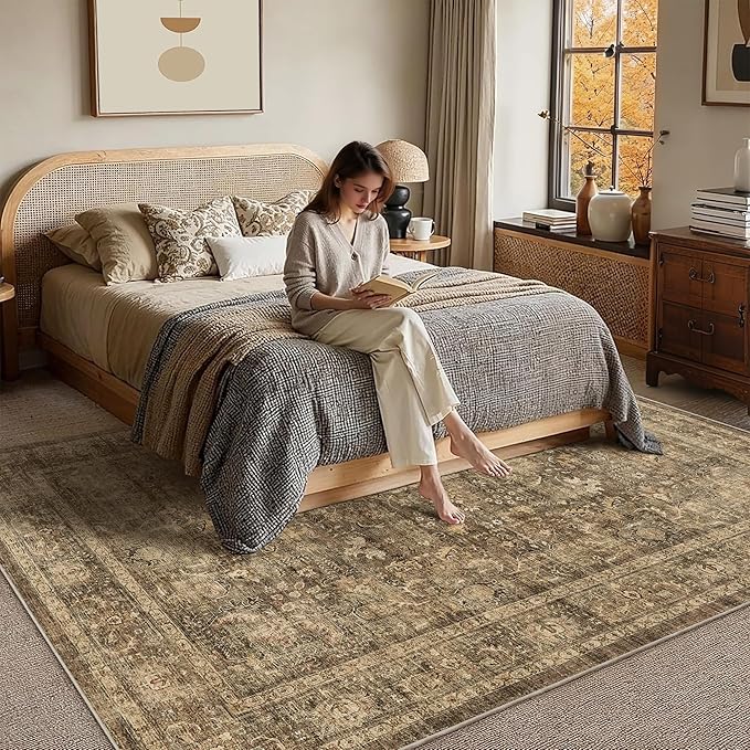 6x9 Brown Washable Area Rugs for Living Room Non Slip Low Pile Vintage Boho Throw Rug Soft Retro Distressed Floral Large Carpet Indoor Farmhouse Decor for Bedroom Dining Room Office Kitchen Playroom