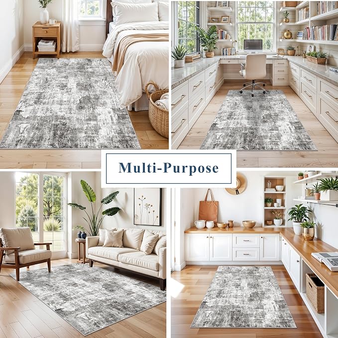 4x6 Entryway Rug – Non-Slip Low-Pile Small Area Rug for Kitchen Bedroom Living Room Office – Modern Abstract Neutral Throw Carpet with Rubber Backing (Grey)