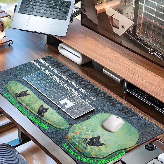2-in-1 Ergonomic Set, Wave Keyboard Wrist Rest and Massage Slope Mouse Pad Wrist Support, Rebound Memory Foam for Relieve Carpal Tunnel Syndrome and Wrist Pain (Oil Painting Cats)