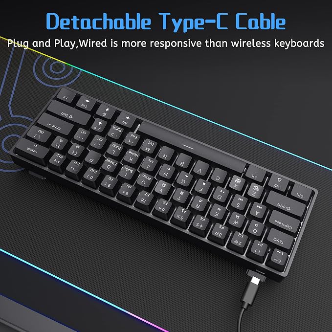 DIERYA 60% Mechanical Keyboard, DK61se Wired Gaming Keyboard with Red Switches, LED Backlit Ultra-Compact 61 Keys Mini Office Keyboard for Windows Laptop PC Gamer Typist（Black）