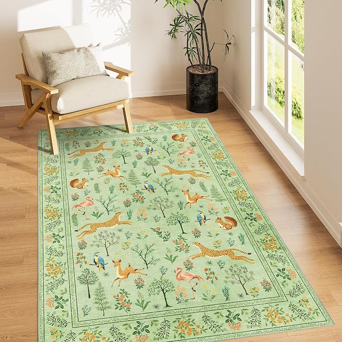 DUKINO 3x5 Rug, Washable Animal Area Rug with Non Slip Vintage Design, Indoor Soft Low Pile Carpet for Bedroom, Nursery, Dining Room, Farmhouse, Playroom, Light Green
