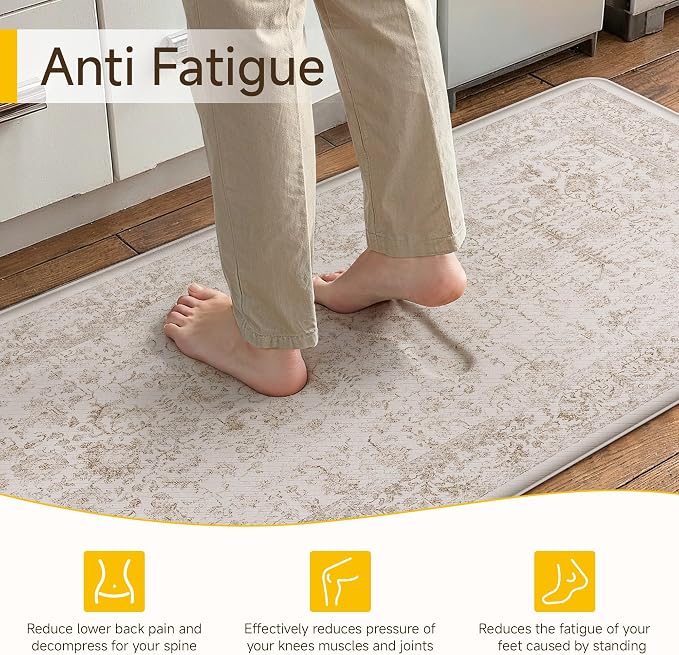 PureCozy Kitchen Mats 2PCS Anti Fatigue Cushioned Mat Light Brown Vintage Kitchen Mats for Floor Waterproof Non Slip Comfort Standing Retro Floral Rug for Sink Laundry Office 17.3"x47"+17.3"x30"
