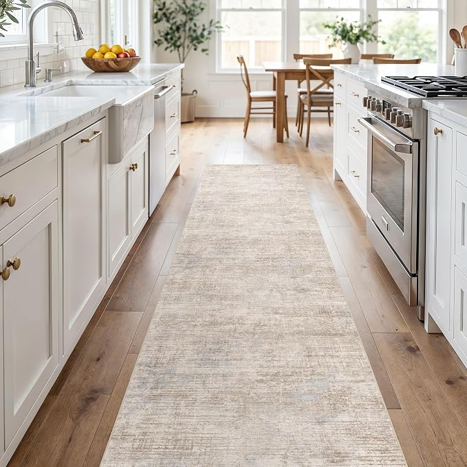 Washable 2x10 Hallway Runner Rug: Non Slip Kitchen Rug Runner Stain Resistance Low Pile Modern Abstract Floor Carpet for Entryway Laundry Livingroom (Ivory Beige Distressed,2x10)