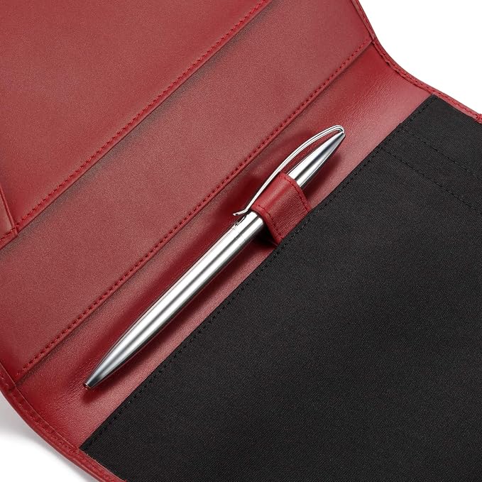 HISCOW Slim Leather Junior Padfolio, 5x8 Notepad Cover, Bordeaux | Italian full-grain cowhide, top-loading legal pad holder, rigid pen loop, quick-access card slot, zipperless boardroom design