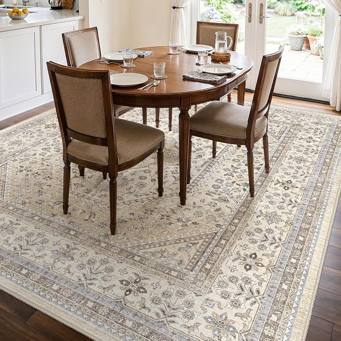 Puino 10x10 Square Area Rug - Washable Oriental Large Rugs for Living Room Soft Non-Slip Backing Indoor Carpet for Bedroom Low Pile Stain Resistant Floor Mat for Dinning Room Home Decor Beige/Gray