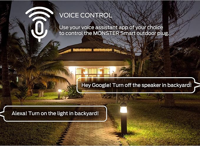 Monster Outdoor Smart Outlet Plug, 3-Outlet, Voice Control Compatible with Alexa and Google Assistant, Scheduling, Timer Control, Automation, Quick Setup via 2.4GHz Wi-Fi, Smart Outdoor Plug