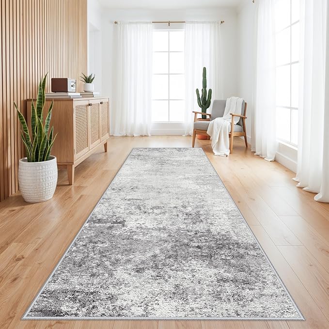 RUUGME 3x10 Washable Runner Rug: Abstract Durable Kitchen Runners Non-Slip Stain Resistant Modern Rugs for Hallway Laundry Low Pile Ultra Thin Soft Carpet for High-Traffic Areas Home Decor 3X10 Grey