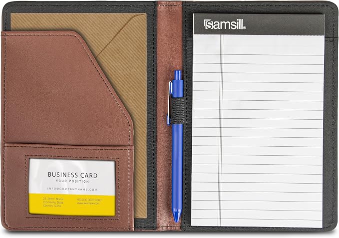 Samsill Contrast Stitch Faux-Leather Portfolio, Mini Size Business Interview Professional Padfolio, Includes 5 x 8 Inch Writing Pad, Brown