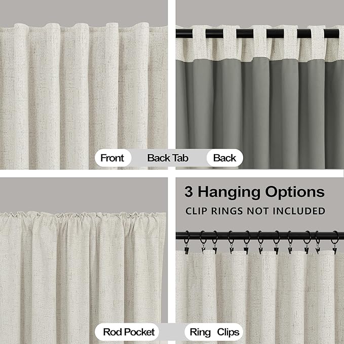 KOUFALL 64 Inch Length Linen Blackout Curtains for Bedroom 2 Panels Set Back Tab Rod Pocket Black Out Curtains 42x64 in Long