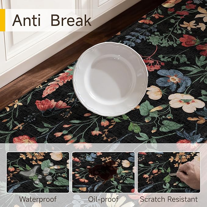 PureCozy Kitchen Mats 2PCS Anti Fatigue Cushioned Mat Non Slip Floral Boho Kitchen Mats for Floor Waterproof Comfort Standing Black Rug for Sink Laundry Office Desk 17.3"x47"+17.3"x30"